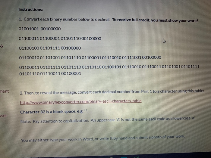  Instructions: 1. Convert each binary number below to decimal. To receive