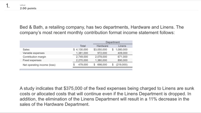  value 2.00 points Bed & Bath, a retailing company, has two