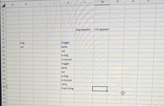 named Catsanddogs.xlsx, determine how many times the text string cat appears and