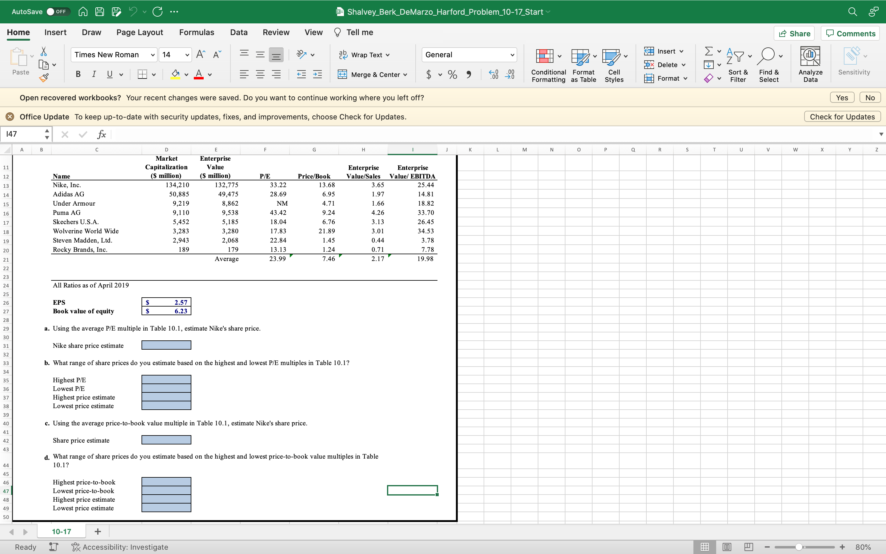 a. Using the average P/E multiple in Table 10.1 , estimate