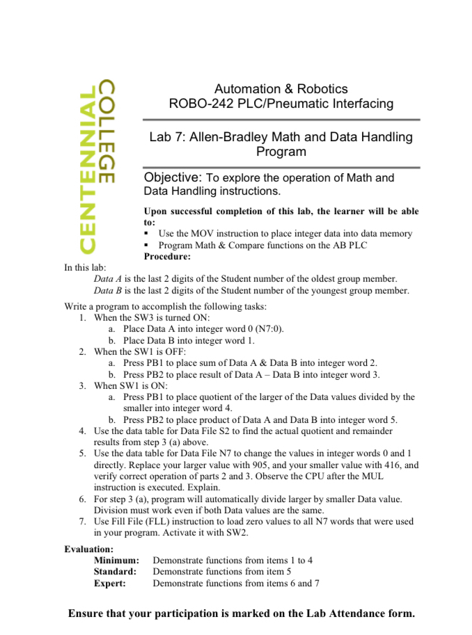  Automation & Robotics ROBO-242 PLC/Pneumatic Interfacing Lab 7: Allen-Bradley Math and