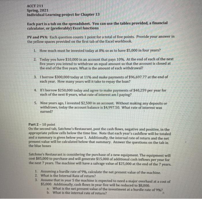  ACCT 211 Spring 2021 Individual Learning project for Chapter 13 Each