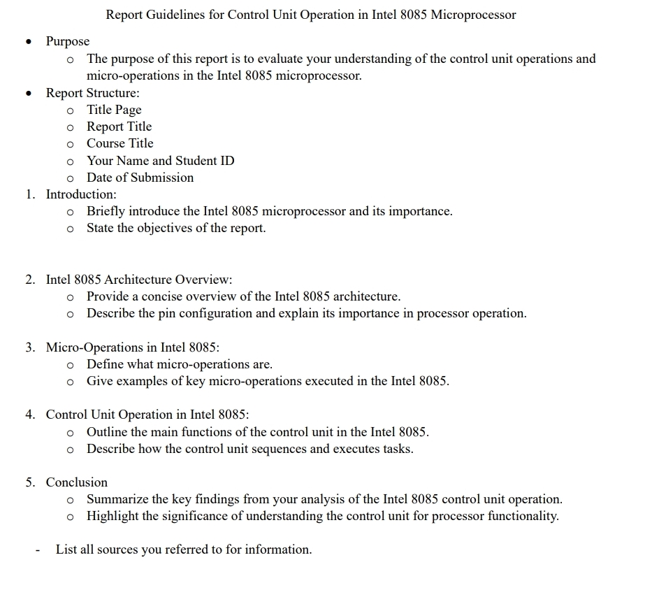  Report Guidelines for Control Unit Operation in Intel 8085 Microprocessor Purpose
