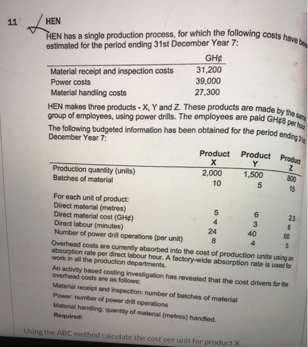  HEN HEN has a single production process, for which the following