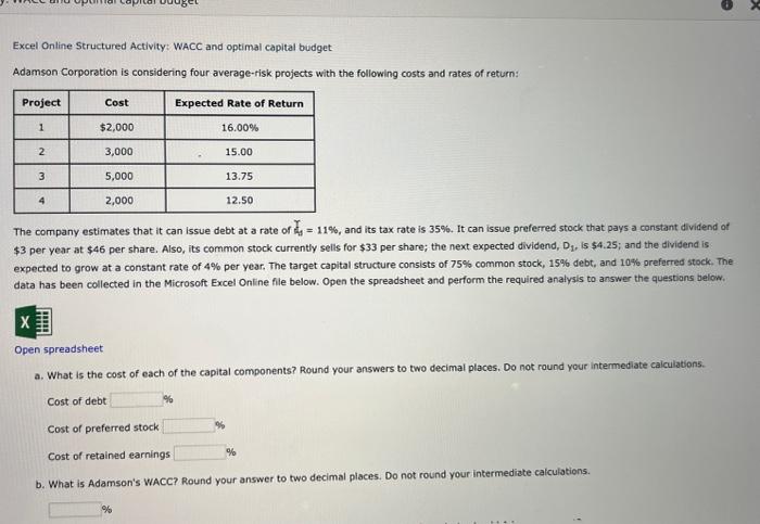  Excel Online Structured Activity: WACC and optimal capital budget Adamson Corporation