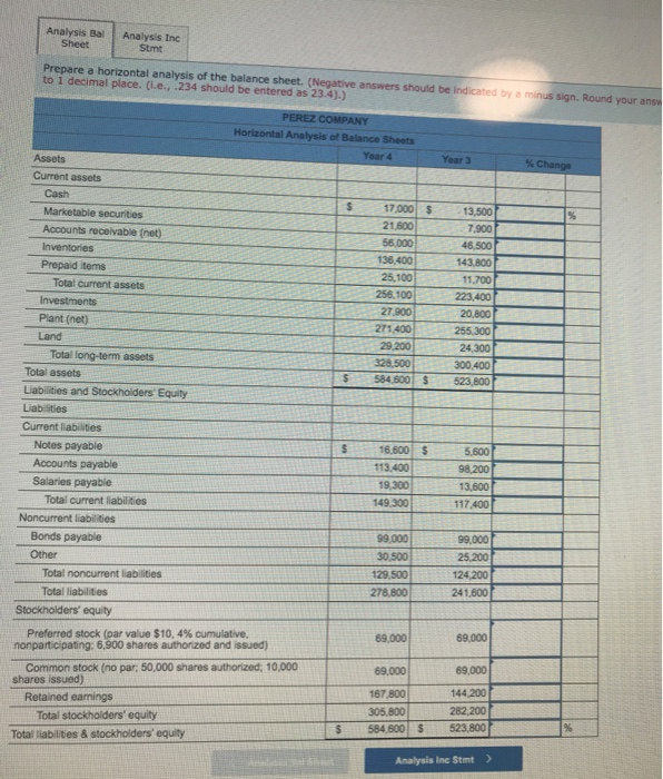  Analysis Bal Analysis Inc Sheet Stmt Prepare a horizontal analysis of