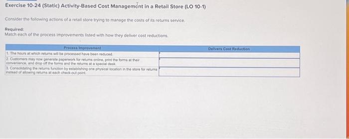  Exercise 10-24 (Static) Activity-Based Cost Management in a Retail Store (LO