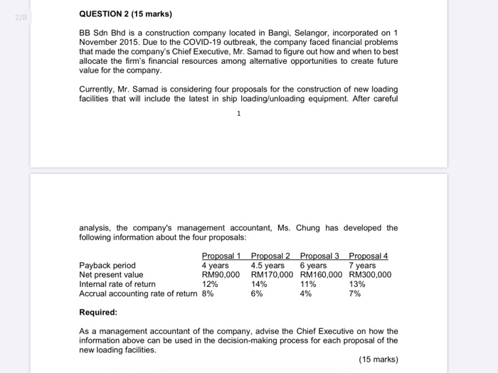  2/3 QUESTION 2 (15 marks) BB Sdn Bhd is a construction
