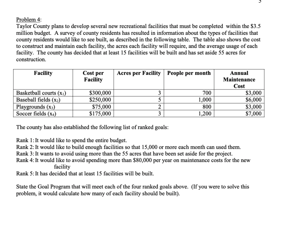  Problem 4: Taylor County plans to develop several new recreational facilities