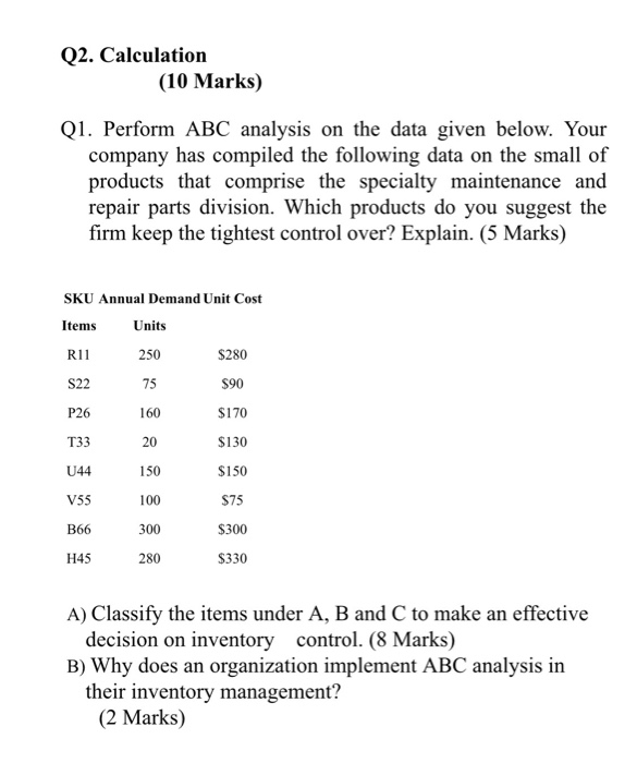  Q2. Calculation (10 Marks) Q1. Perform ABC analysis on the data