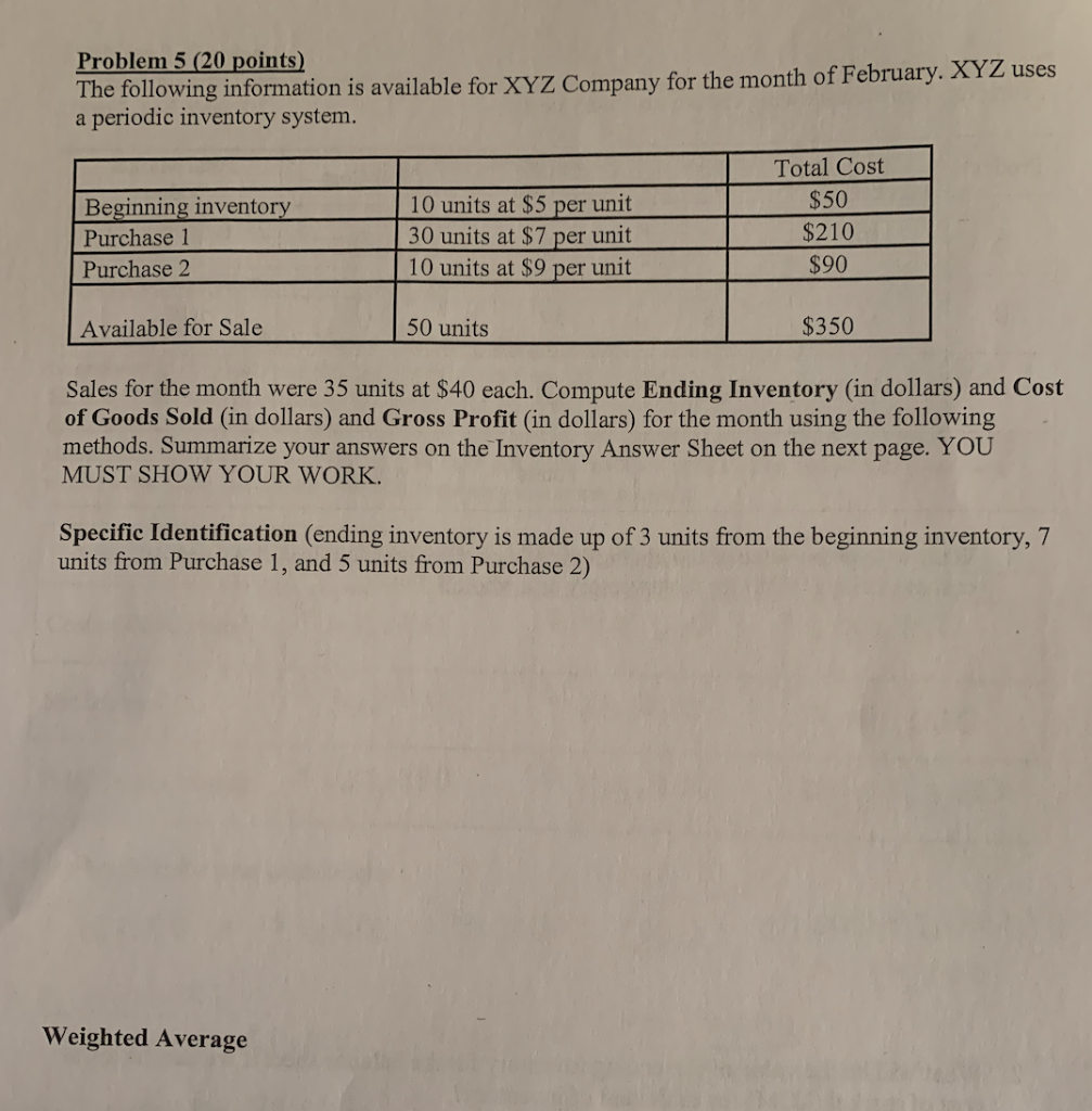 Problem 5 (20 points) The following information is available for XYZ