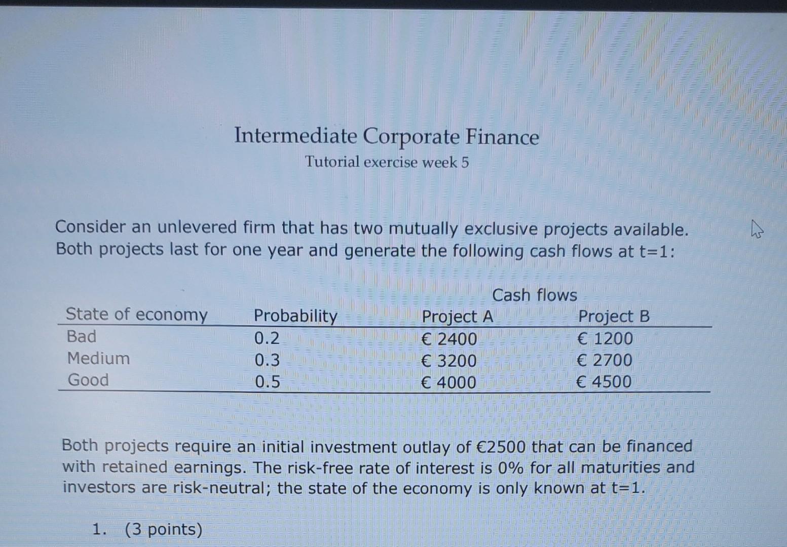 Intermediate Corporate Finance Tutorial exercise week 5 Consider an unlevered firm