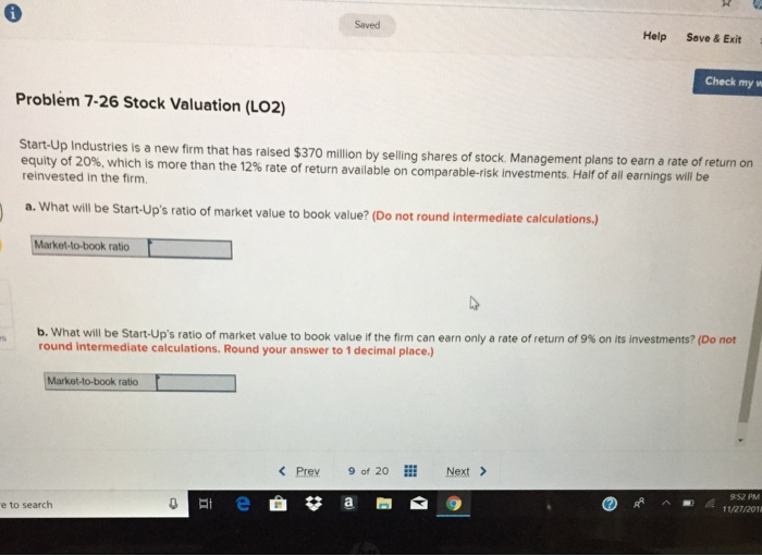  Saved Help Save& Exit Check my w Problem 7-26 Stock Valuation