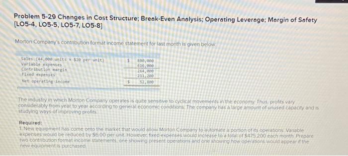  Problem 5-29 Changes in Cost Structure; Break-Even Analysis; Operating Leverage; Margin