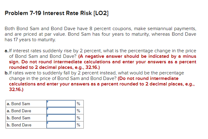  Problem 7-19 Interest Rate Risk [LO2] Both Bond Sam and Bond