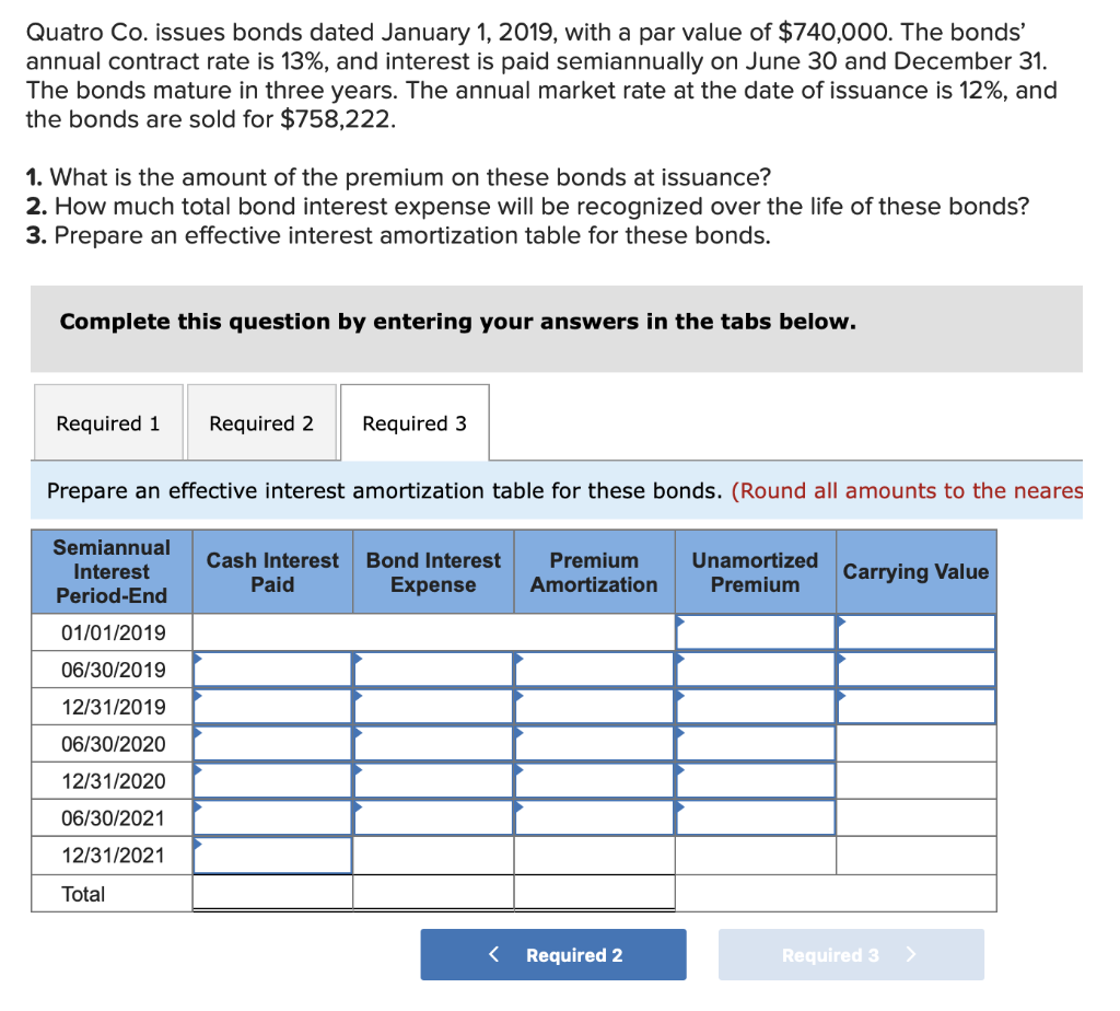 Quatro Co. issues bonds dated January 1, 2019, with a par