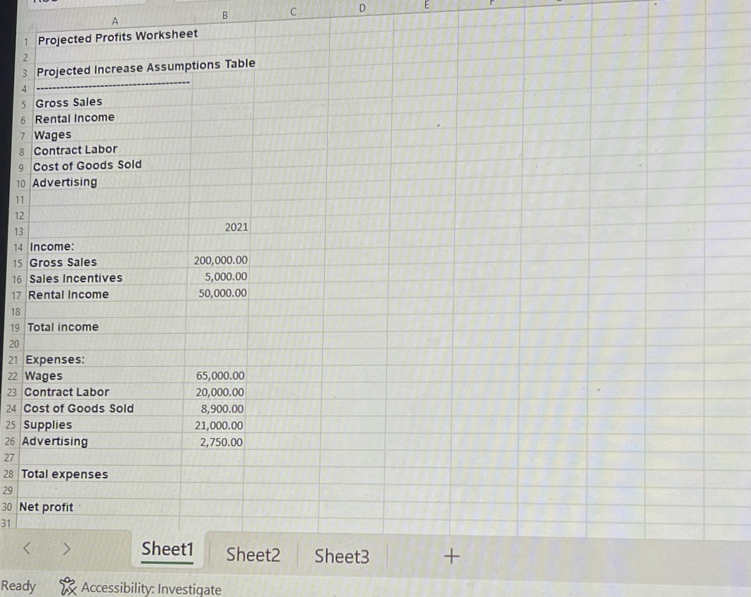  1. Create a projected profits worksheet using the Excel file template