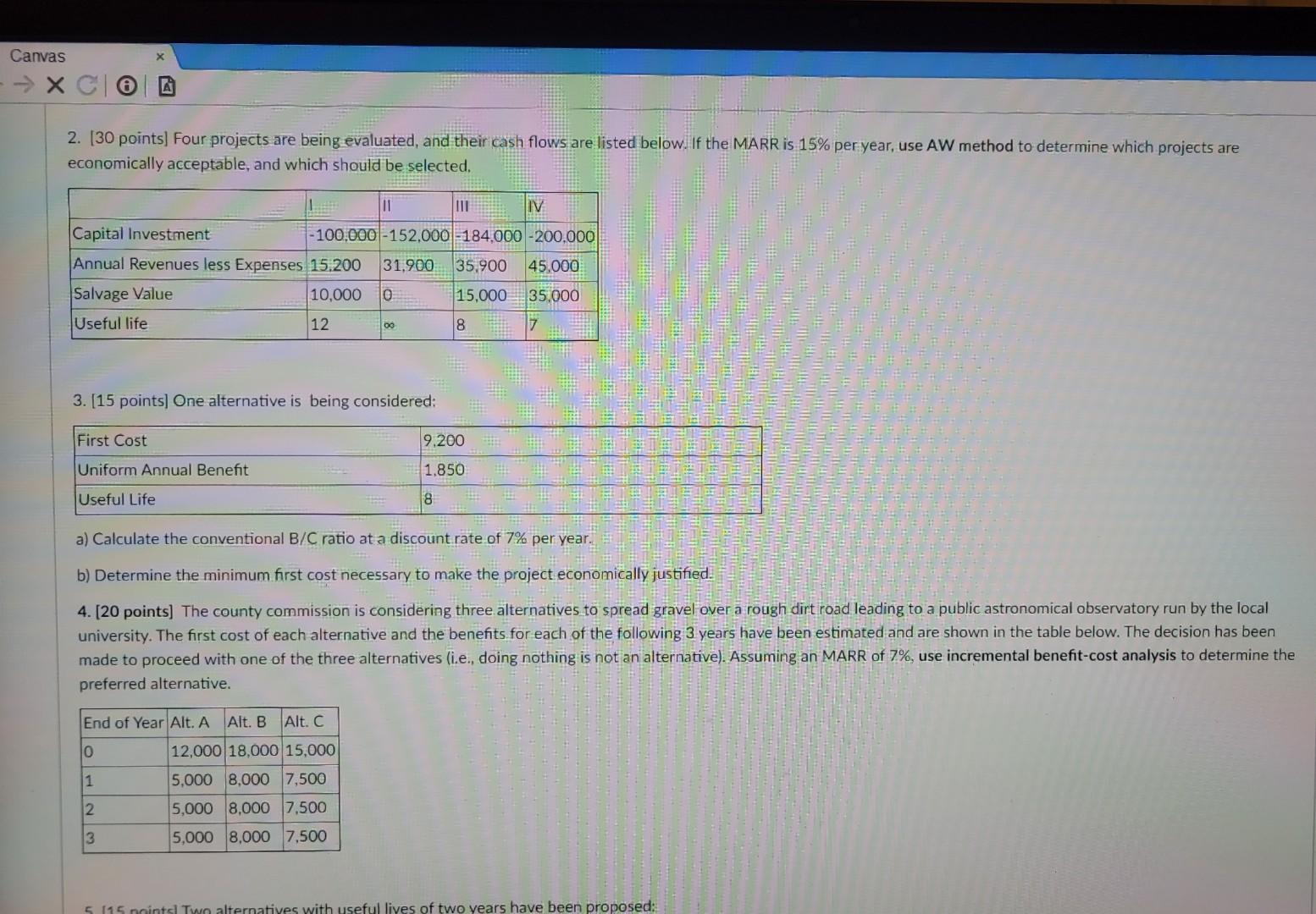  Canvas A 2. (30 points) Four projects are being evaluated, and