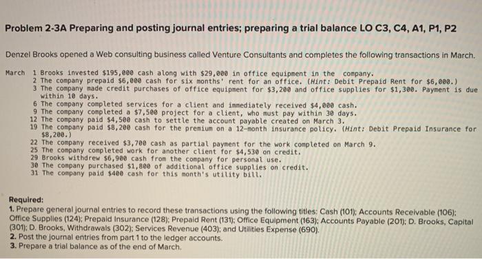  Problem 2-3A Preparing and posting journal entries; preparing a trial balance
