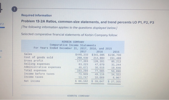  of 2 Required information Problem 13-2A Ratios, common-size statements, and trend