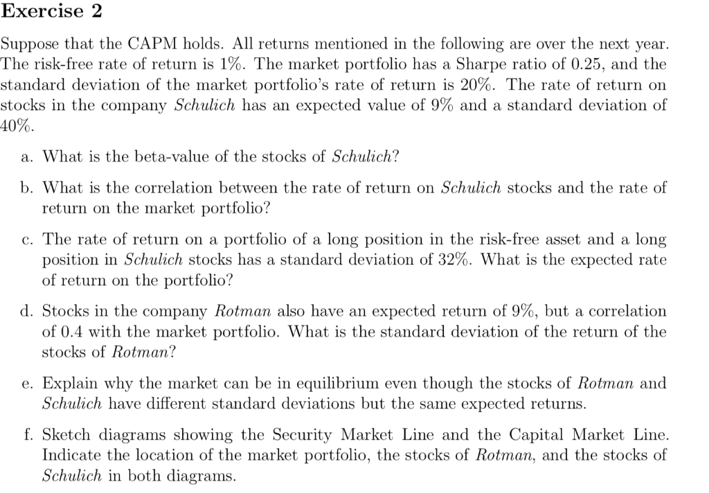 Exercise 2 Suppose that the CAPM holds. All returns mentioned in