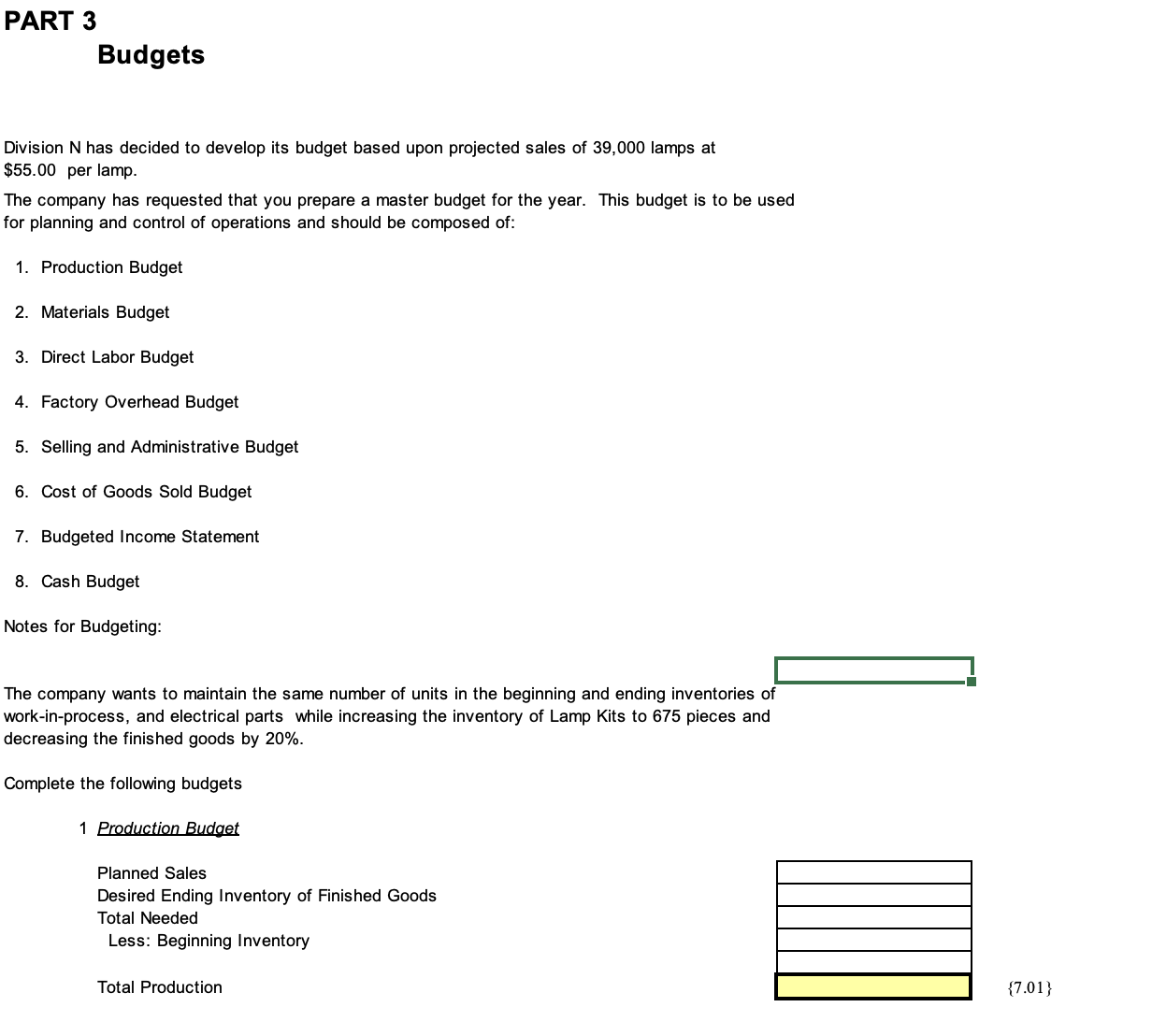  PART 3 Budgets Division N has decided to develop its budget