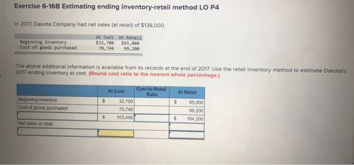  Exercise 6-16B Estimating ending inventory-retail method LO P4 In 2017, Dakota