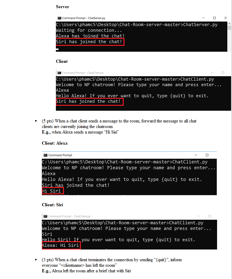 the followings: (2 pts) Listen to chat clients on a specific port
