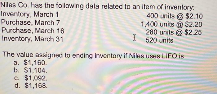 please show your work The value assigned to ending inventory if Niles