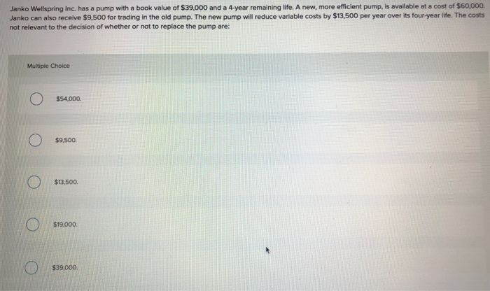  Janko Wellspring Inc. has a pump with a book value of