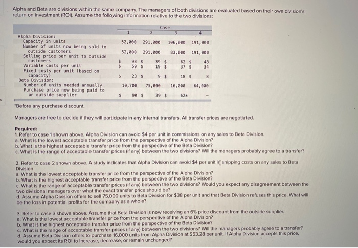 Alpha and Beta are divisions within the same company. The managers