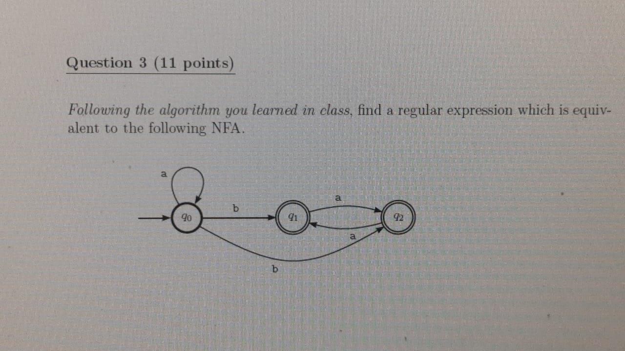  Following the algorithm you learned in class, find a regular expression