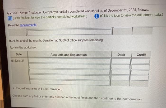 Company Worksheet December 31, 2024 Unadjusted Trial Balance Adjustments Debit Credit Debit