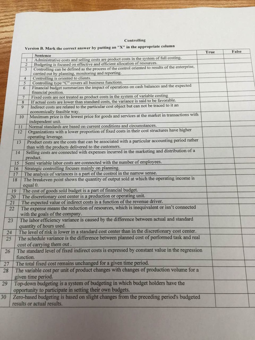  Controlling Version B. Mark the correct answer by putting an "X"