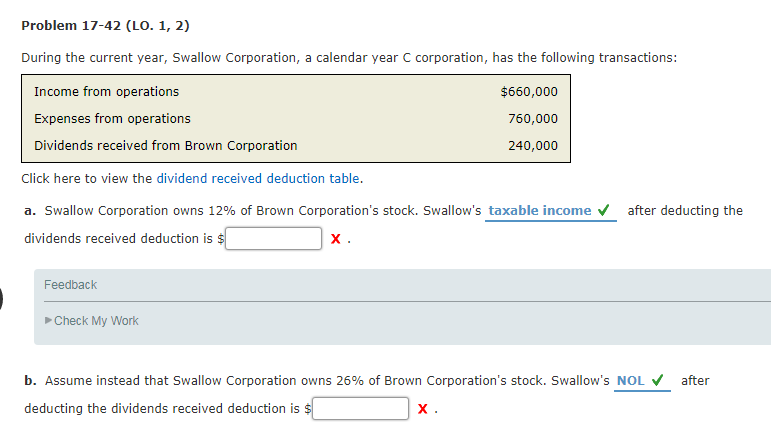 Problem 17-42 (LO. 1, 2) During the current year, Swallow Corporation,