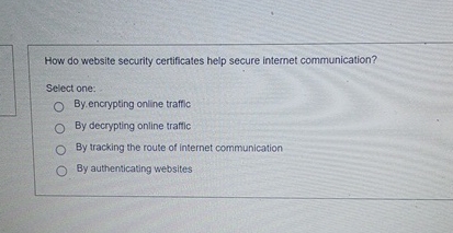  How do website security certificates help secure internet communication? Select one: