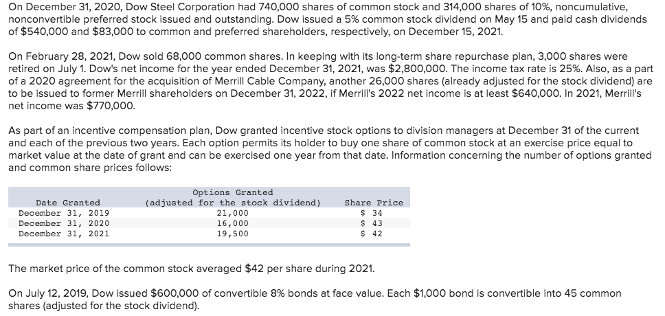  Compute Dow's basic and diluted earnings per share for the year