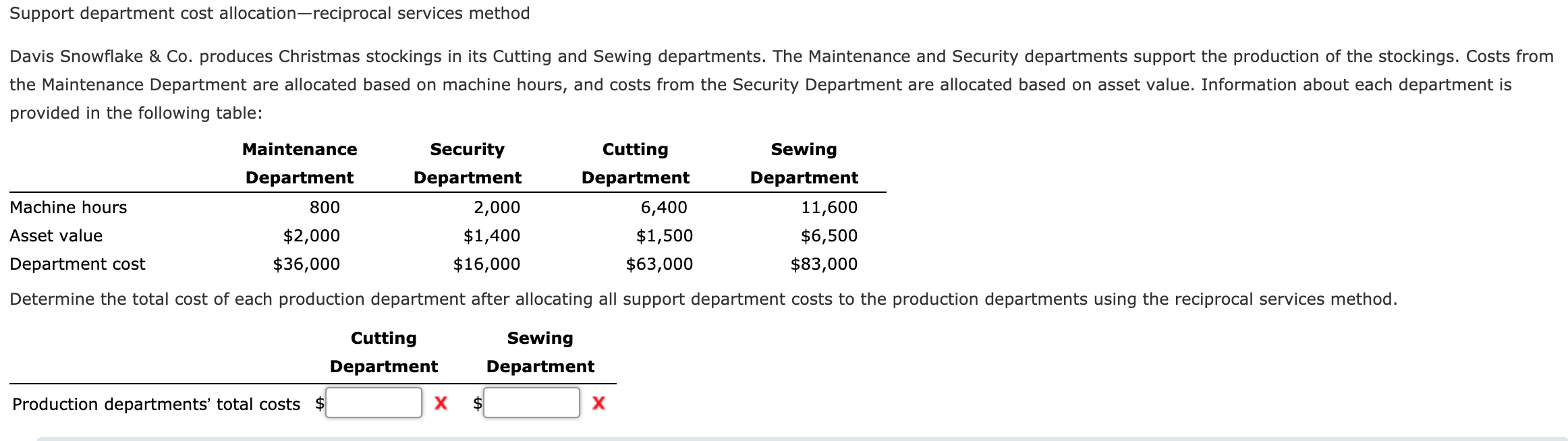 Support department cost allocationreciprocal services method Davis Snowflake & Co. produces Christmas