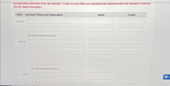 Club Inc. for the month ended July 31 shows Service Revenue $19,520,