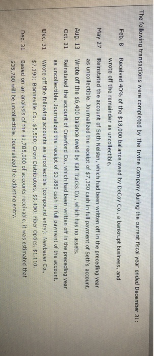 roviding for Doubtful Accounts t the end of the current year, the