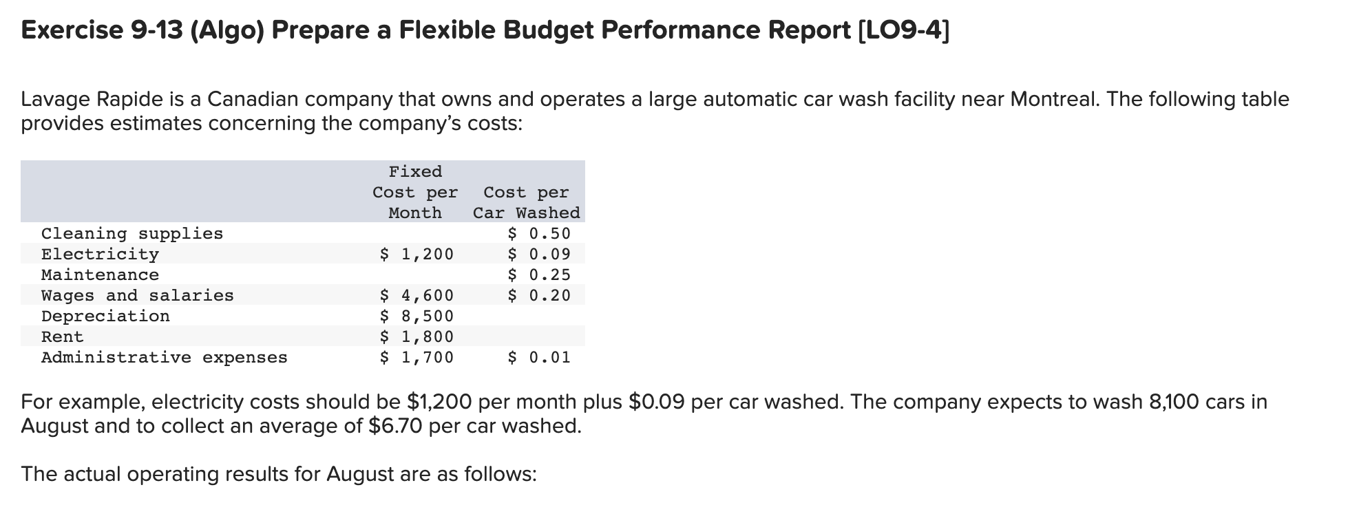 Exercise 9-13 (Algo) Prepare a Flexible Budget Performance Report [LO9-4] Lavage
