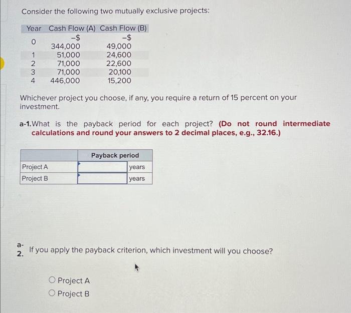  Consider the following two mutually exclusive projects: Year Cash Flow (A)