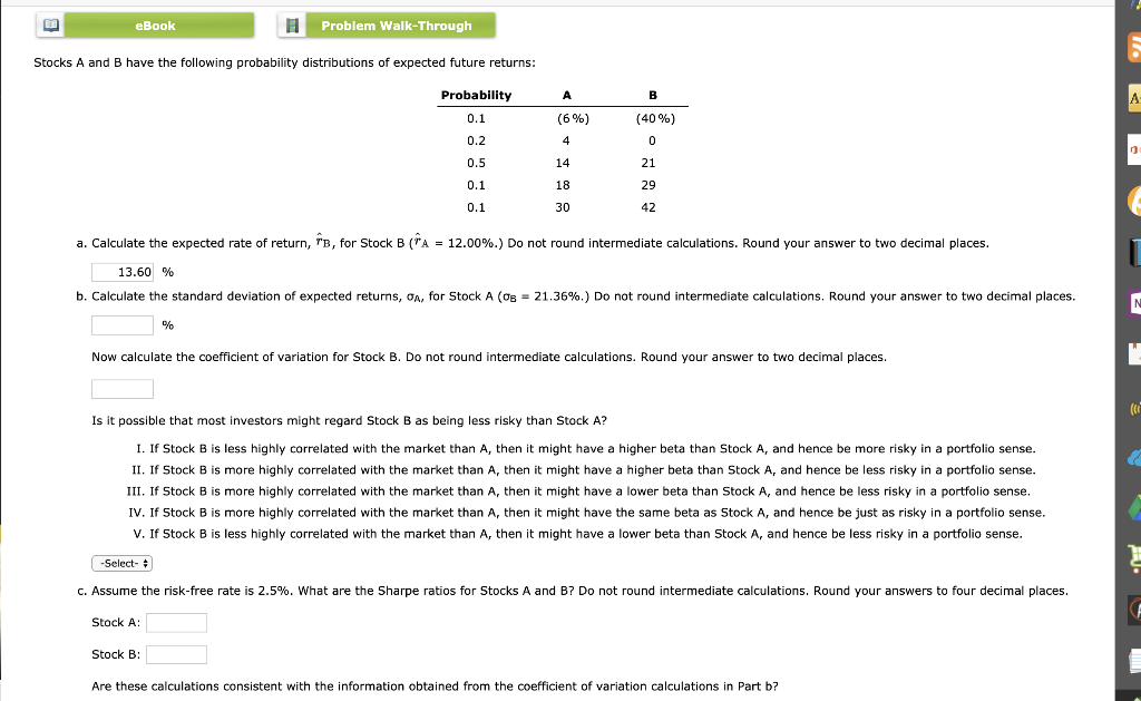 I need help eBook 1 Problem Walk-Through Stocks A and B