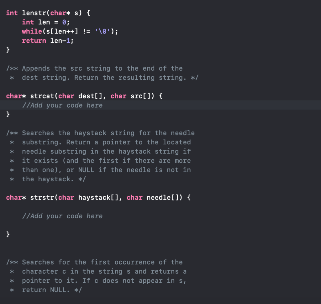 Documentation for each function is provided in strfuncs.c. Some of these functions
