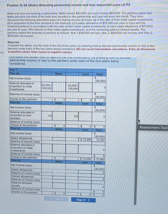  Problem 12-2A (Static) Allocating partnership income and loss; sequential years LO