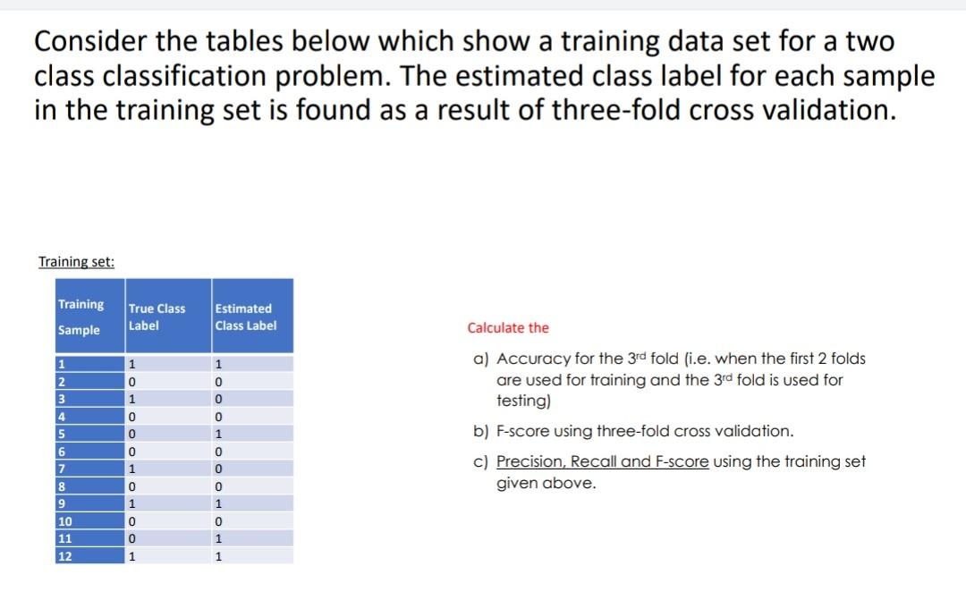  Consider the tables below which show a training data set for