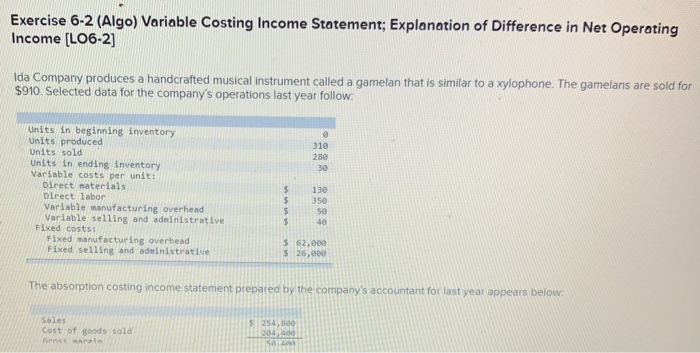  Exercise 6-2 (Algo) Variable Costing Income Statement; Explanation of Difference in