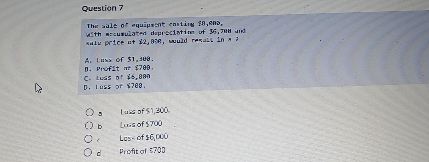 C Question 9 Gain or loss on disposal of an asset is