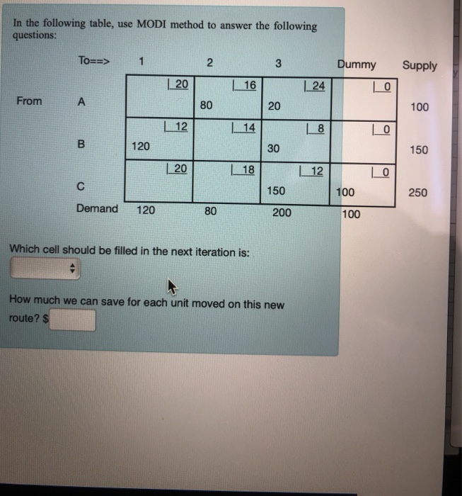  In the following table, use MODI method to answer the following
