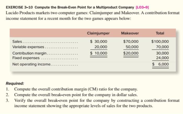  EXERCISE 3-10 Compute the Break-Even Point for a Multiproduct Company (L03-9)